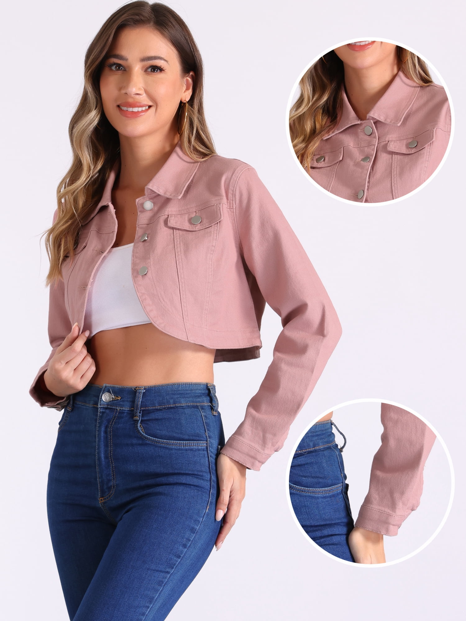 DARING DIVA Women's Denim Jacket Collared Long Sleeve Crop Jean Jackets M Pink