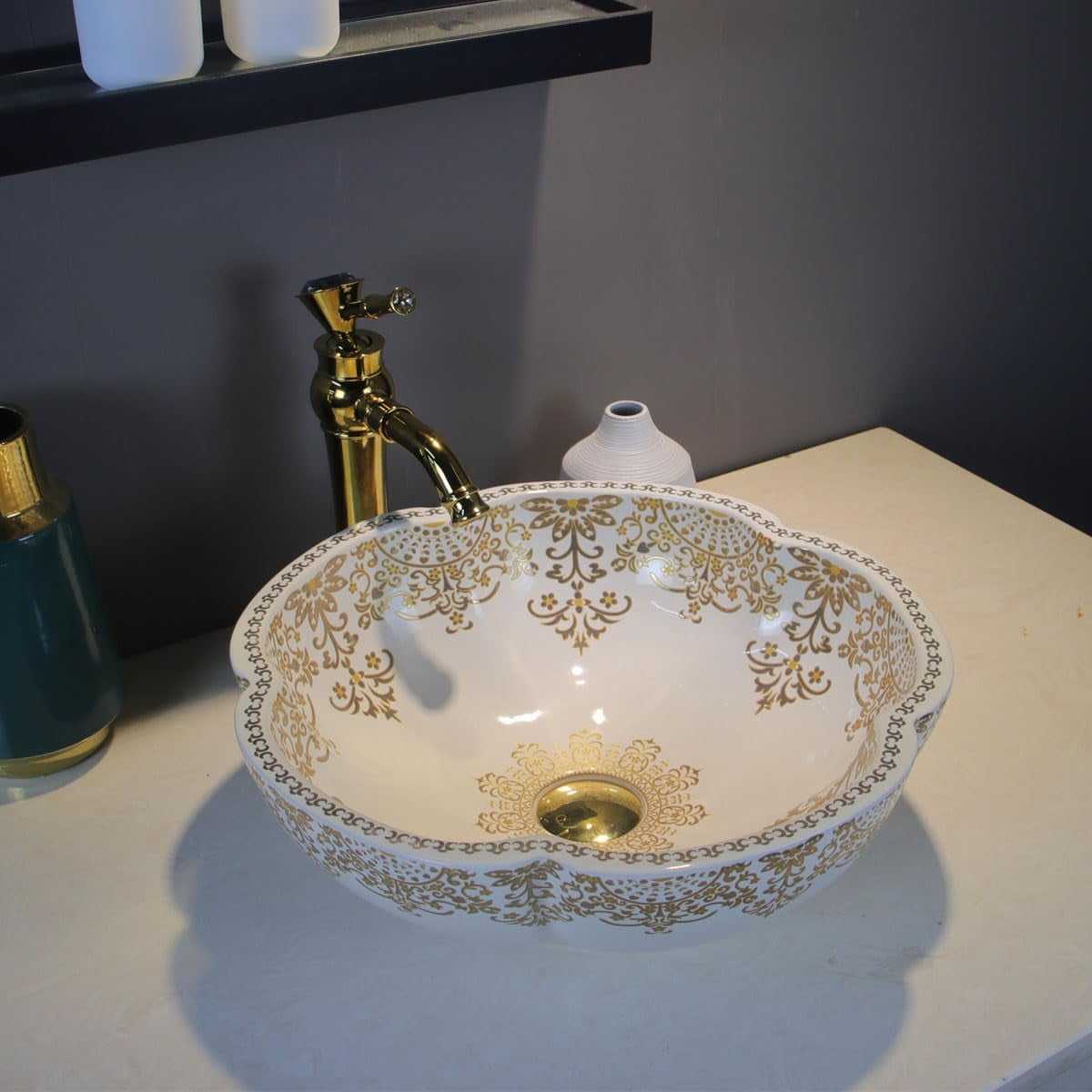 LIQIAONAN Ceramic Vessel Sink Flower Shape For Bathroom White Porcelain Vessel Sinks Golden Pattern Bowl Sinks Above Counter Vanity Top