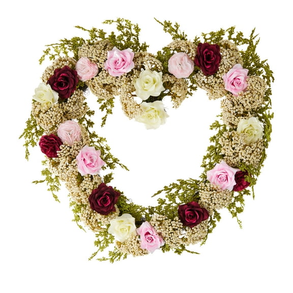 Rose and Baby's Breath Valentine's Day Heart Wreath, Multicolor, 22", by My Texas House