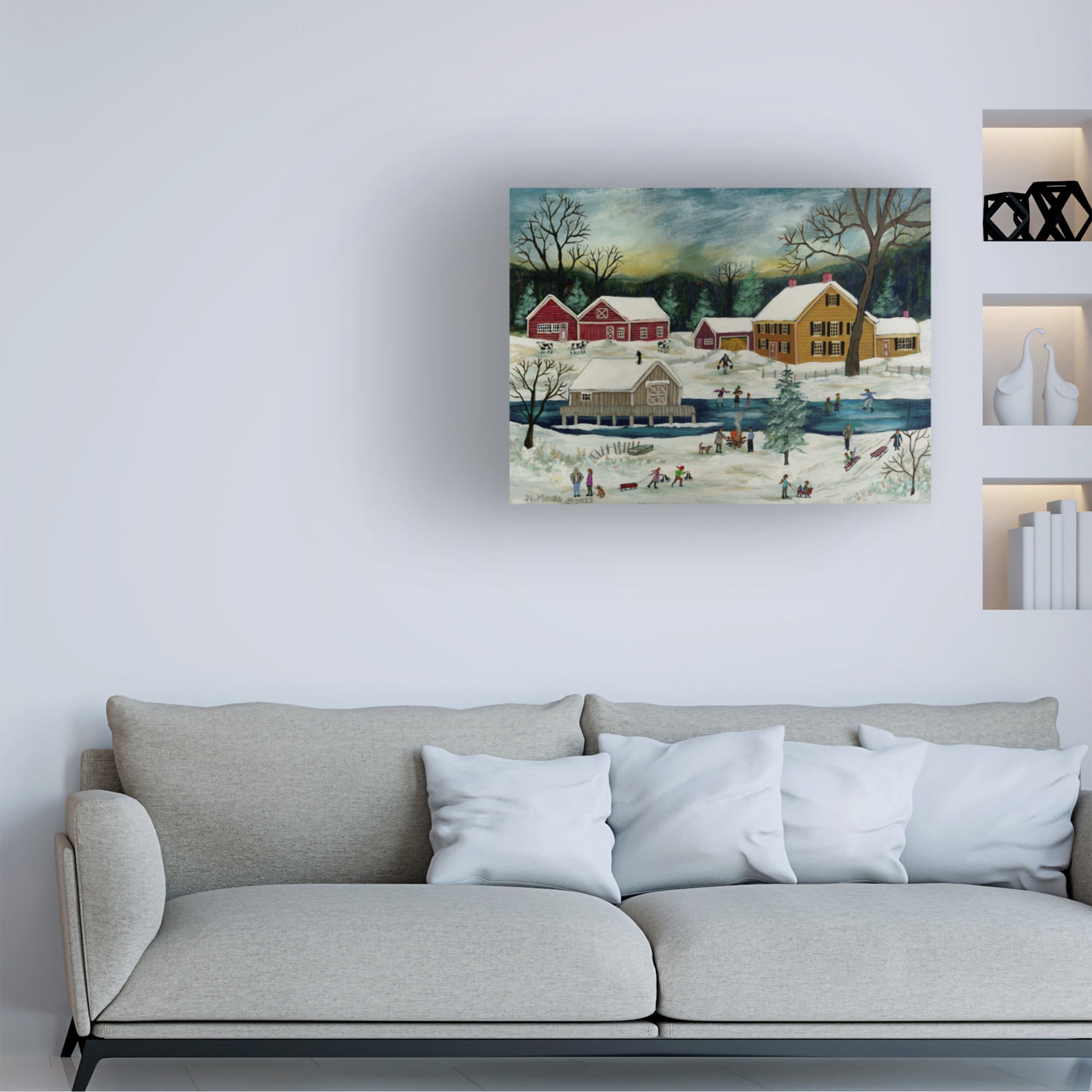 Canvas Wall Art - JL Munro 'Winter by the Boathouse' Wall Art for Living Room, Bedroom, or Office Décor by Trademark Fine Art - 47 x 35 Inches