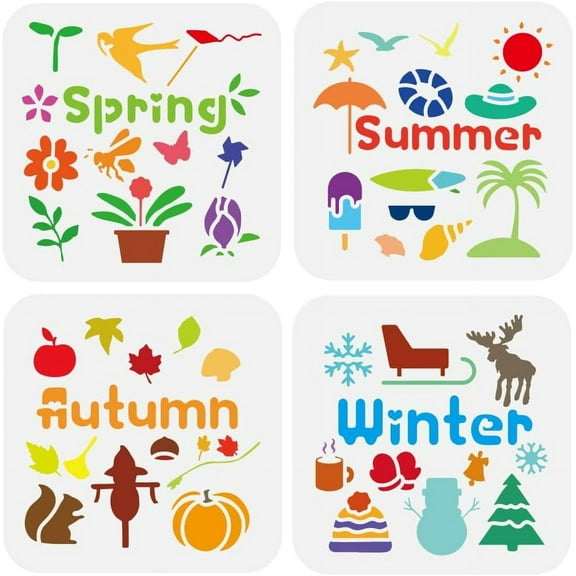 4 PCS Four Seasons Stencils for Painting 5.9x5.9inch Small Patterns Templates Spring Summer Autumn Winter Stencils Daily Theme Drawing Templates for Painting on Wood Fabric Canvas