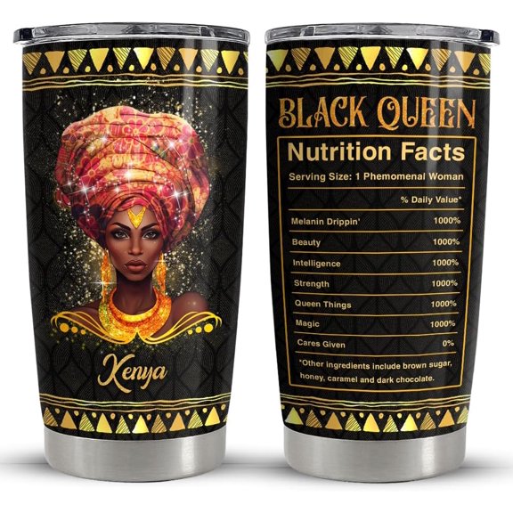 Personalized Black Queen Nutrition Facts Tumbler 20oz Tumblers with Lid Gift for African American Afro Black Girl Encouragement Birthday Women Day