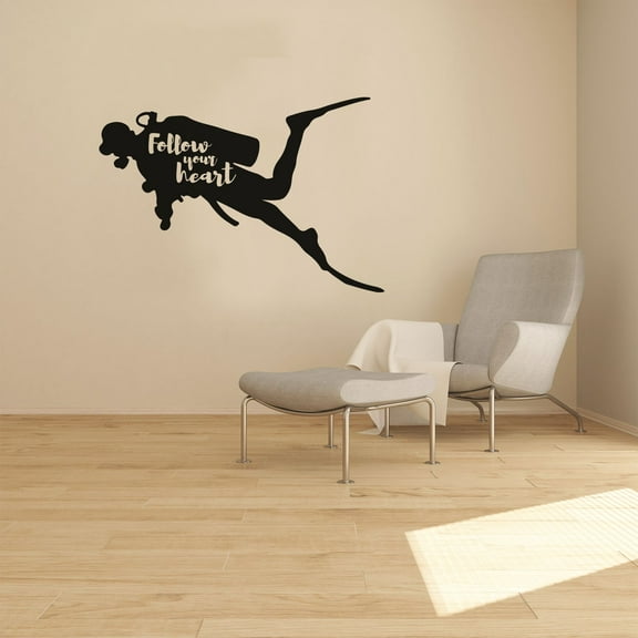 Follow Your Heart Life Reminder Scuba Diving Scuba Diver Silhouette Water Activity Vinyl Wall Art Stocker Decal Sea Ocean Activity Home Pool Area Living Room Boys Girls Décor Design Size (24x40 inch)