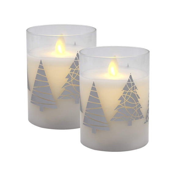 LumaBase Battery Operated Glass LED Candles with Moving Flame - Christmas Trees - Set of 2
