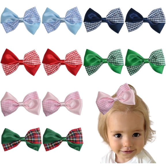 JoyBowie 12 pack 3.5 inch girls hair bows, gingham plaid ribbon hair clips, no slip hair accessories