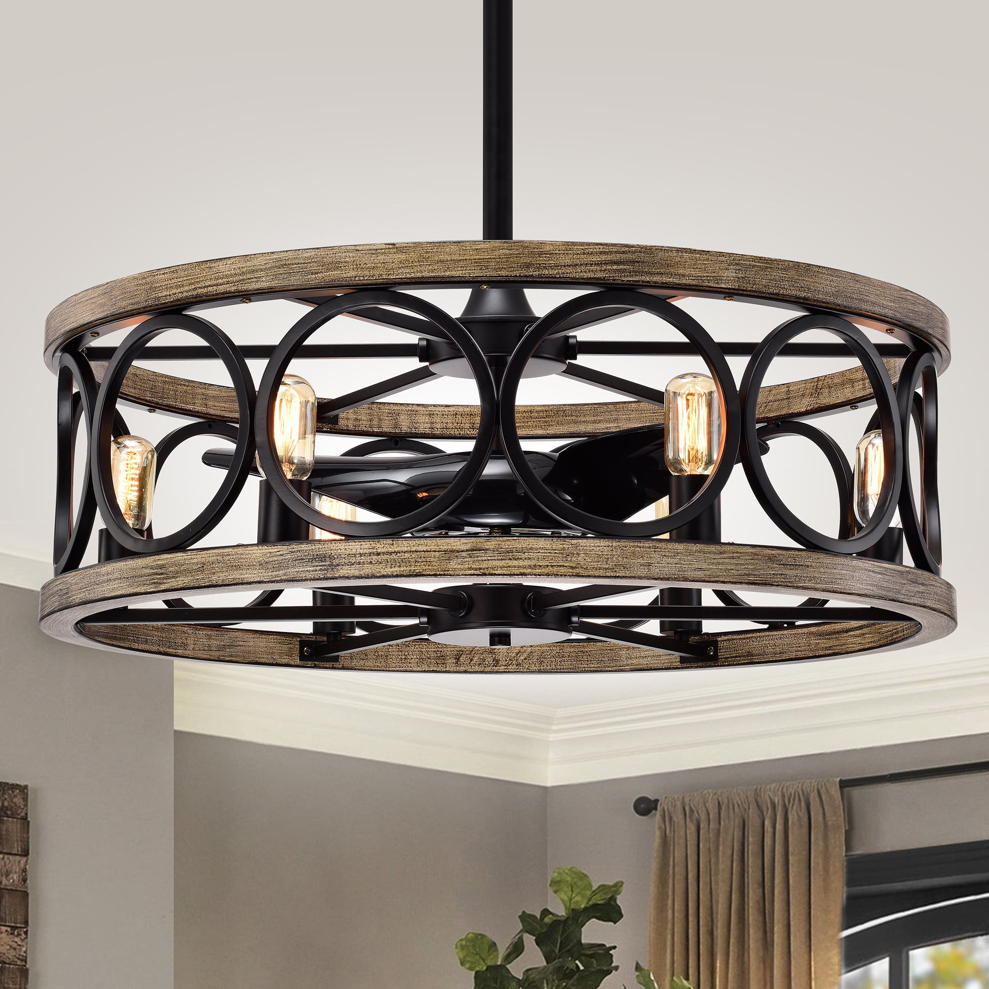 Marion Matte Black+Imitation Wood Grain 30-Inch 6-Light Open Metal Drum Shade Fandelier