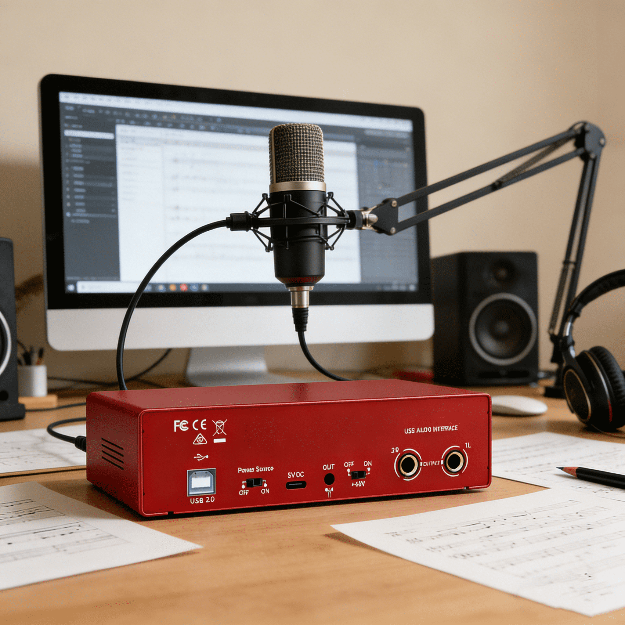 Yunnyp USB Audio Interface 24Bit/192kHz High-Resolution Sound Card for Music Recording, Studio, Guitar, Podcast, Streaming, Compatible with PC and Mac, Metallic Red