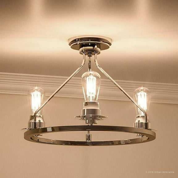 Urban Ambiance Luxury Farmhouse Flush-Mount Ceiling Fixture, Size: 15"H x 19-7/8"W, with Transitional Style Elements, Brushed Nickel Finish, UHP2240