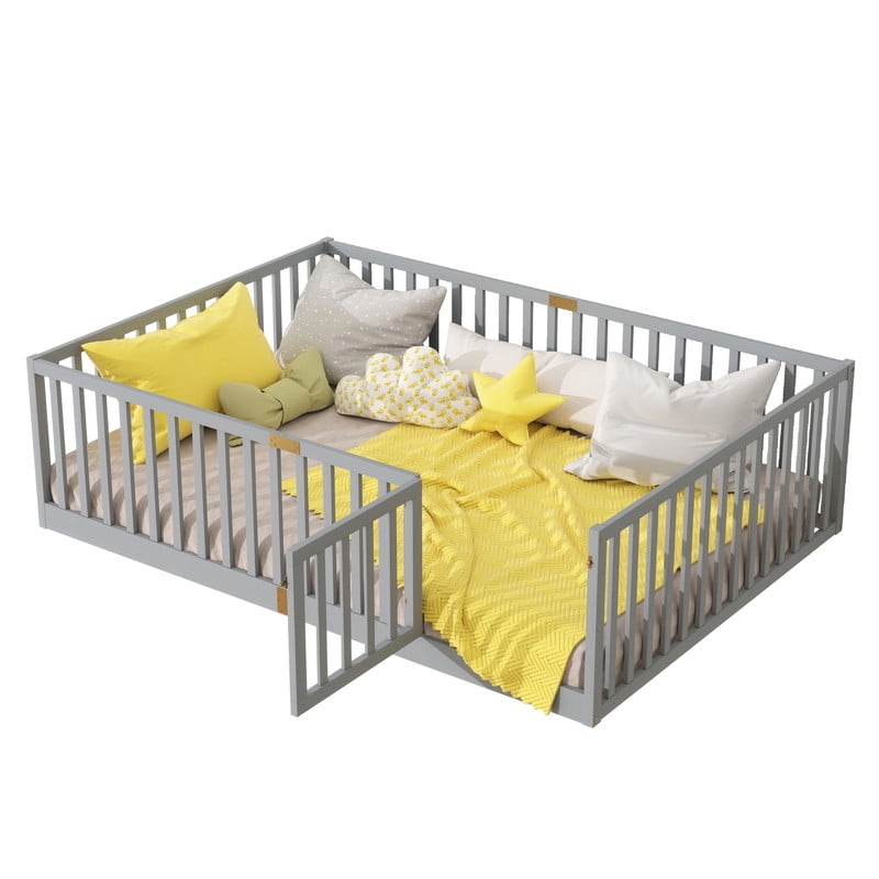 Mirightone Full Size Floor Bed, Wood Montessori Floor Beds with High Fence Railings, Door & Slats Support, Full Playhouse Bed Frame, No Box Spring Needed, Grey