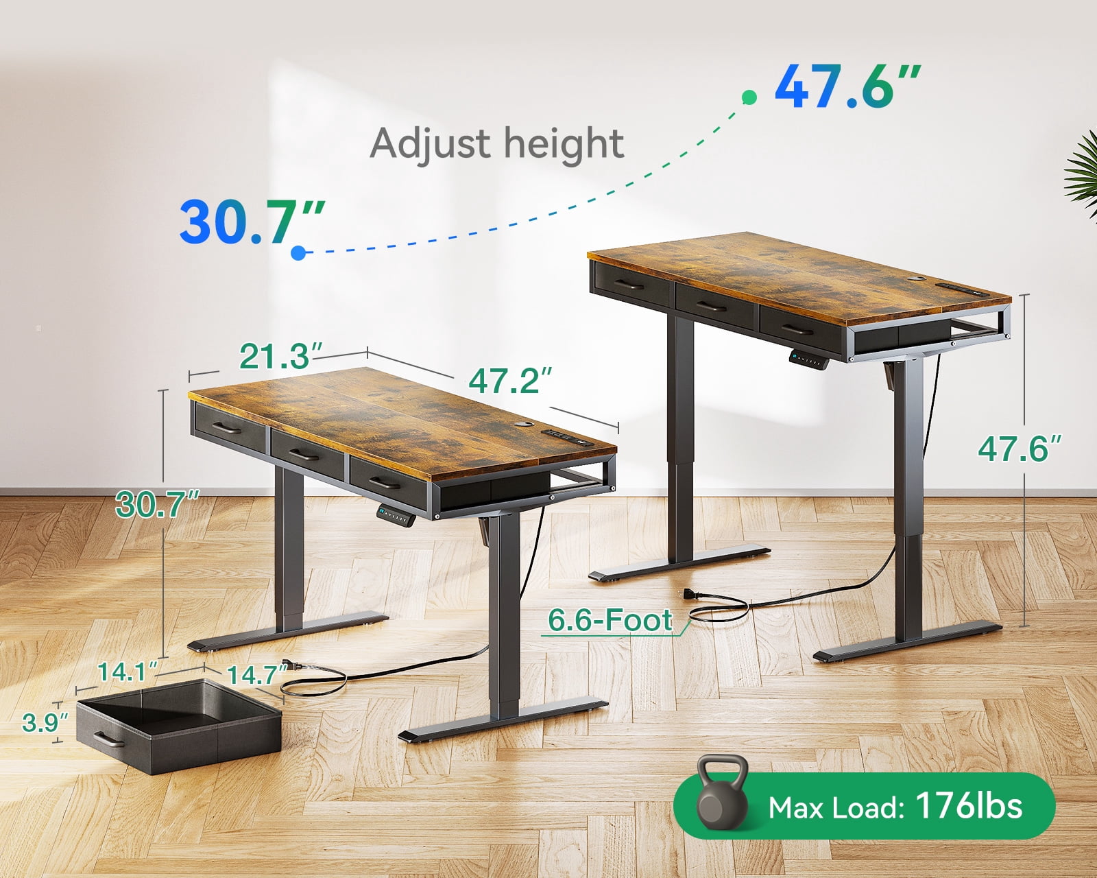Electric Standing Desk with Drawers, 47 Inch Height Adjustable Desk with Power Outlets & USB, Sit Stand Table for Home, Office, Workstation, Rustic Brown