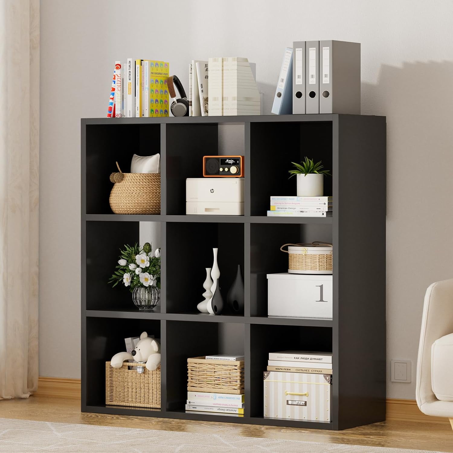 请填写 9 Wood Cube Storage Organizer with Open Back and Removable Back Panels 11In Black Cube Storage Bookshelf Cubicle Shelf Bookcase for Home Office Bedroom Living Room Vertical or Horizontal