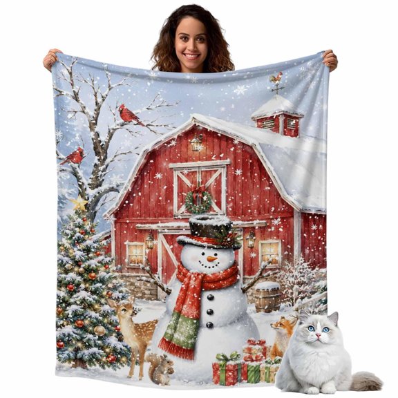Winter Snowman Snowflake Rabbit Throw Blanket Flannel Fleece Throws, Christmas Tree Cardinal Lightweight Super Soft Warm Blankets for Couch Sofa Bed All Season Use,50x60 IN