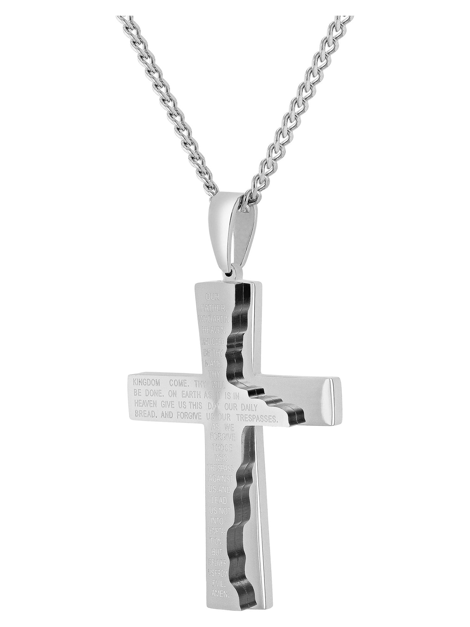 Men's Silver-Tone Stainless Steel The Lord's Prayer Tablet Cross Pendant - Brilliance Fine Jewelry