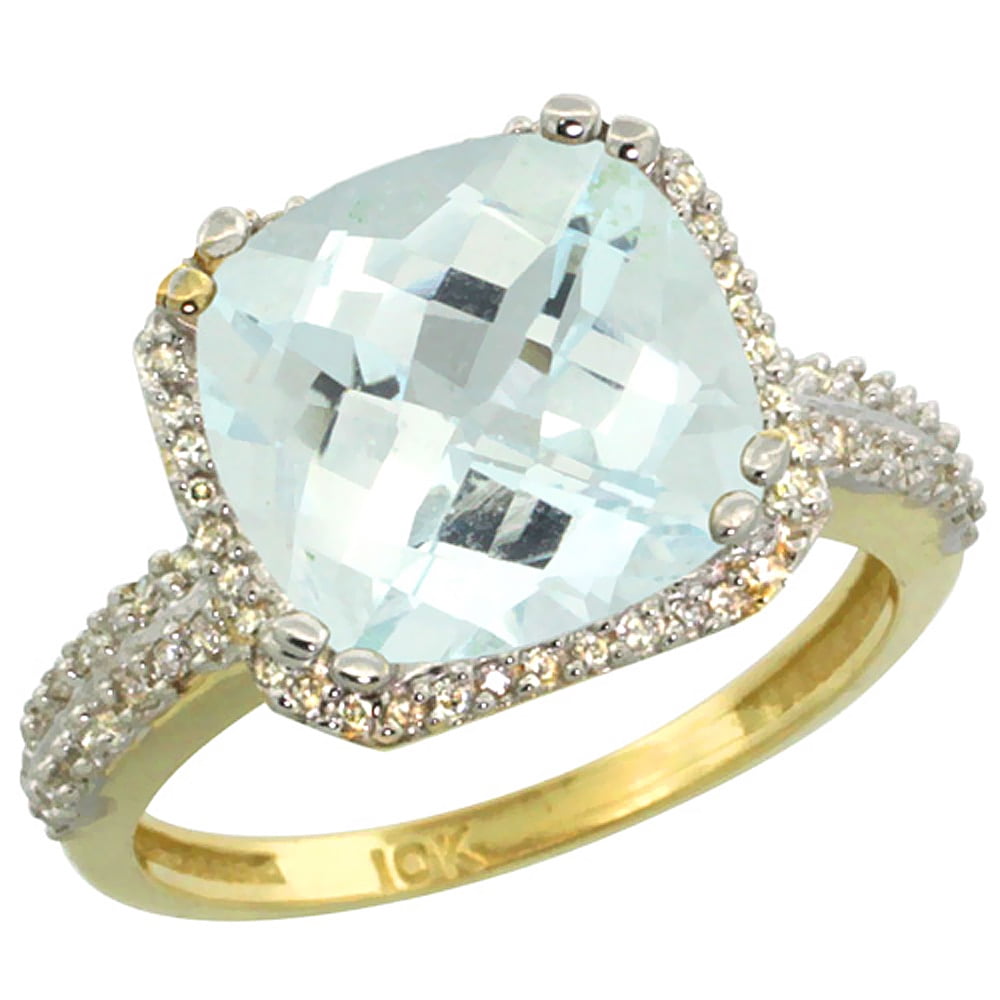 14K Yellow Gold Natural Aquamarine Ring Cushion-cut 11x11mm Diamond Halo, size 5 by Gabriella Gold