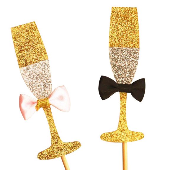 WHAMVOX 20Pcs Twinkling Golden Wine Glass Cake Toppers Bow Tie Shaped Cupcake Picks for Party Cake Baking Decoration (Pink and Black)