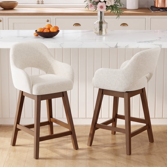 EOP Modern Swivel Bar Stools Set of 2, 25" Upholstered Counter Height Bar Stools with Wood Legs & Curved Back, Mid Century Bar Chairs for Kitchen Island Pub, Beige