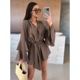 thumbnail image 5 of Women'S Layered Bell Sleeve Tie Neck Mini Dresses Ruffle Belted Tunic Dress Brown M, 5 of 9