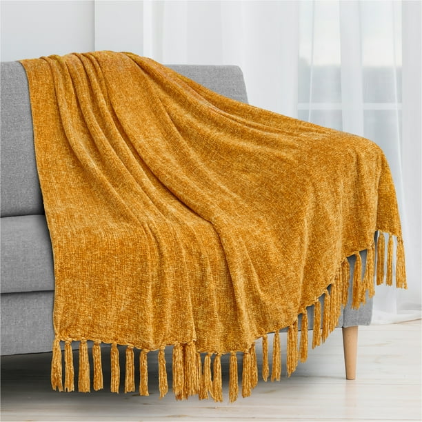 PAVILIA Chenille Tassel Fringe Throw Blanket Velvety Texture