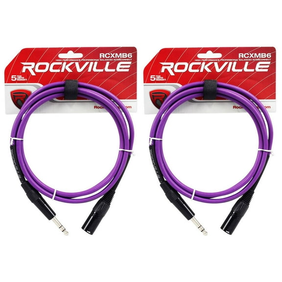 2 Rockville RCXMB6-P Purple 6' Male REAN XLR to 1/4'' TRS Balanced Cables