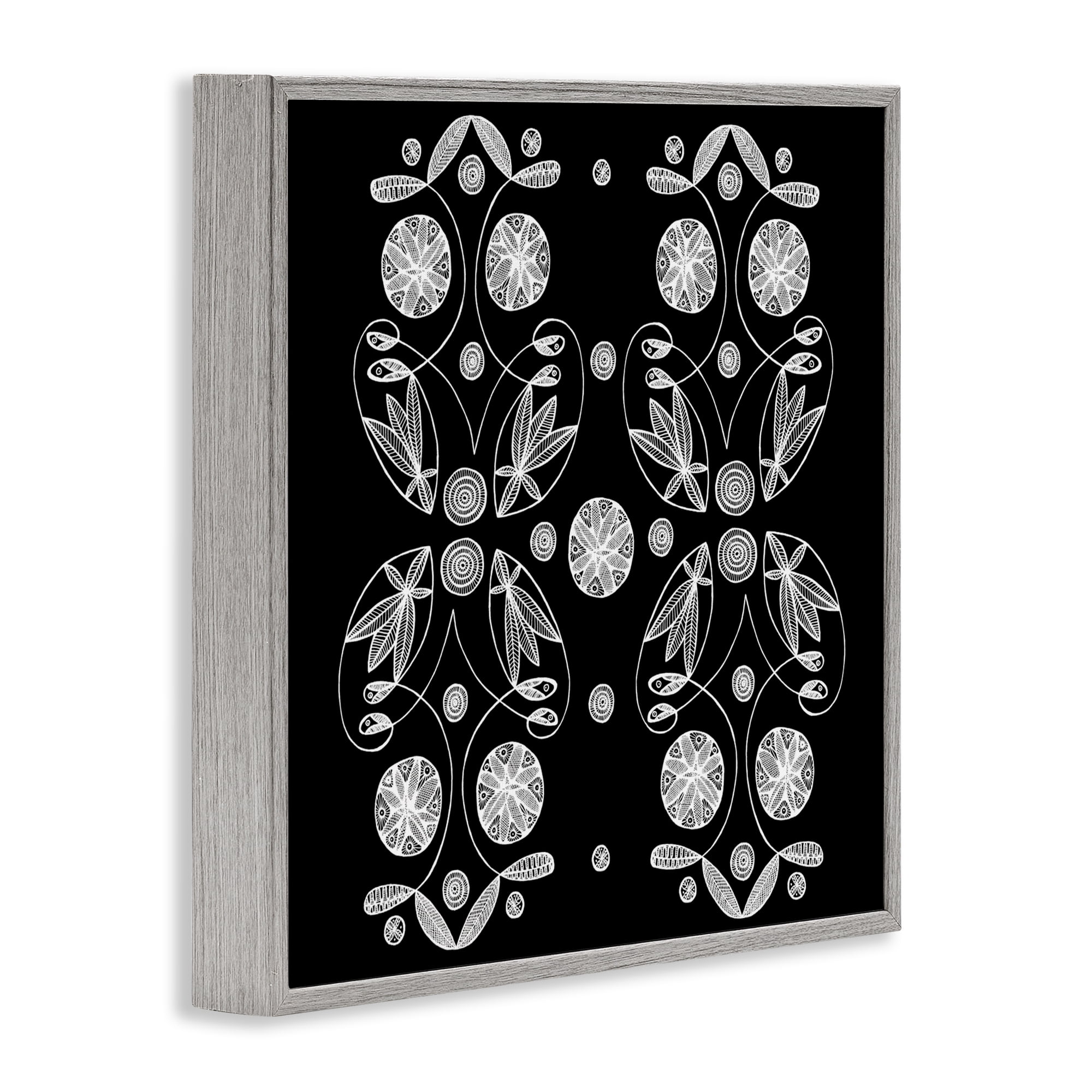 Stupell Industries Symmetrical Flower-Like Patterns Gray Framed Giclee Art, design by El Perkin