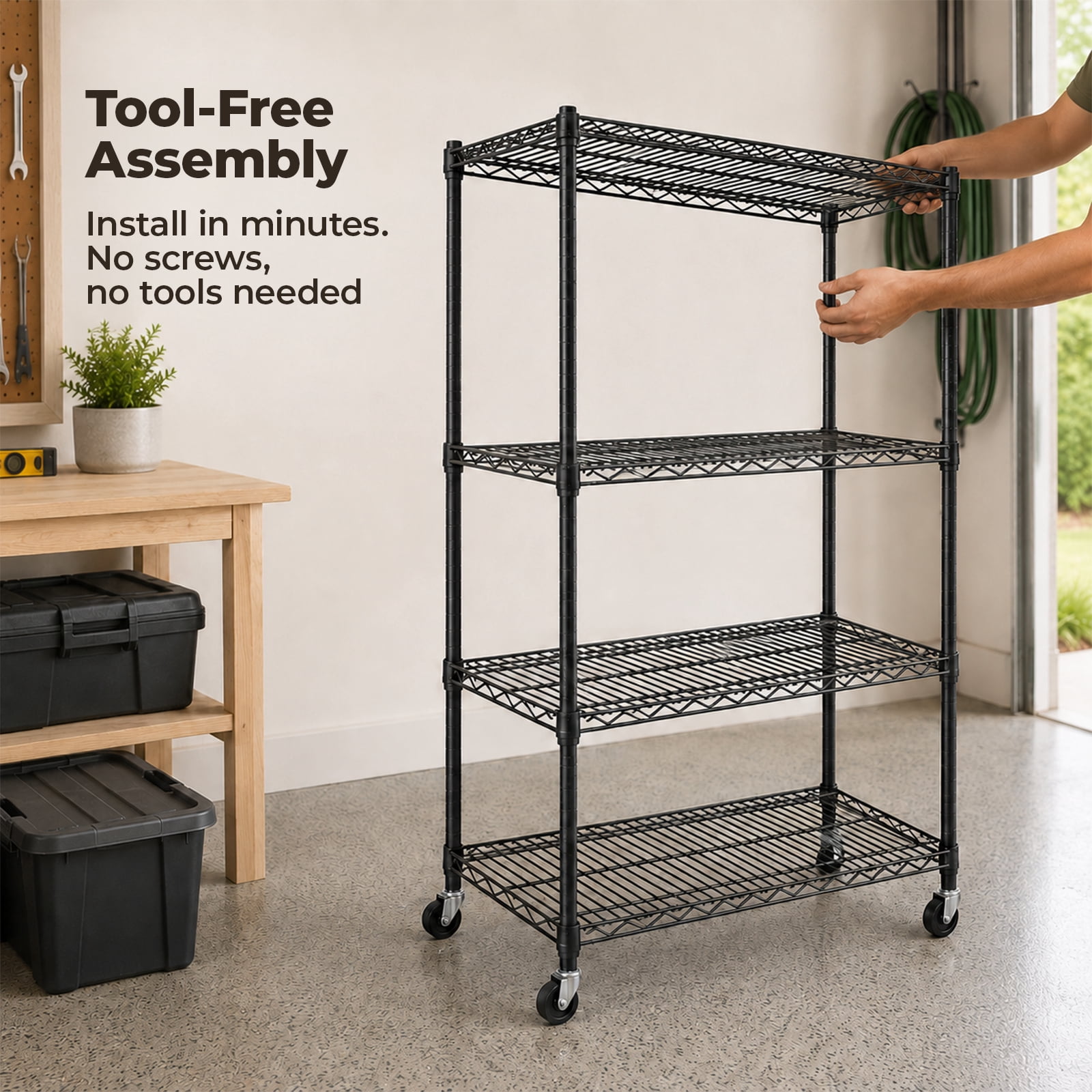 Alvantor 3/4/5 Tier Heavy Duty Adjustable Metal Shelf with Wheels, No-Tool Assembly, Suitable for Garages, Kitchens, Storage Rooms, Laundry Rooms and Offices