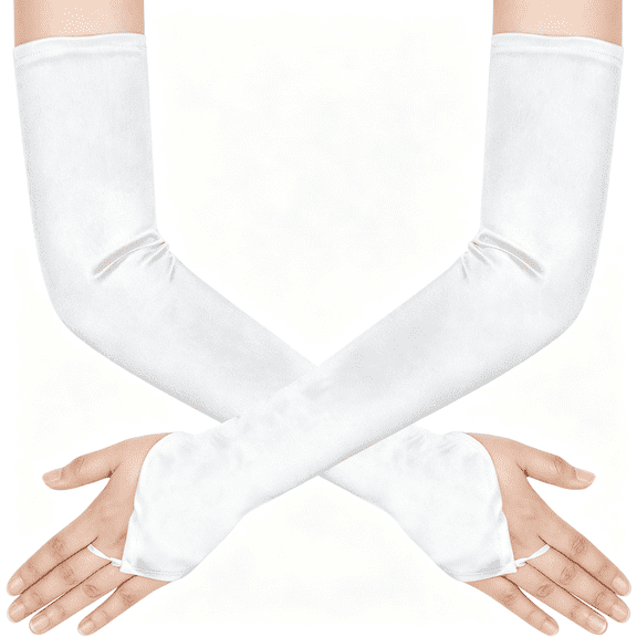 XIBUFE Women'S Long Fingerless Opera Tea Party Gloves Elbow Length 1920S Stretchy Satin Wedding Bridal Costume Gloves Stretchy White Fingerless Gloves