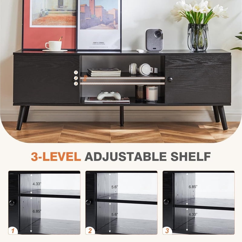 Kelno TV Stand for 55-60 Inch TV Mid Century Entertainment Center with Adjustable Shelves Storage Cabinet, Black