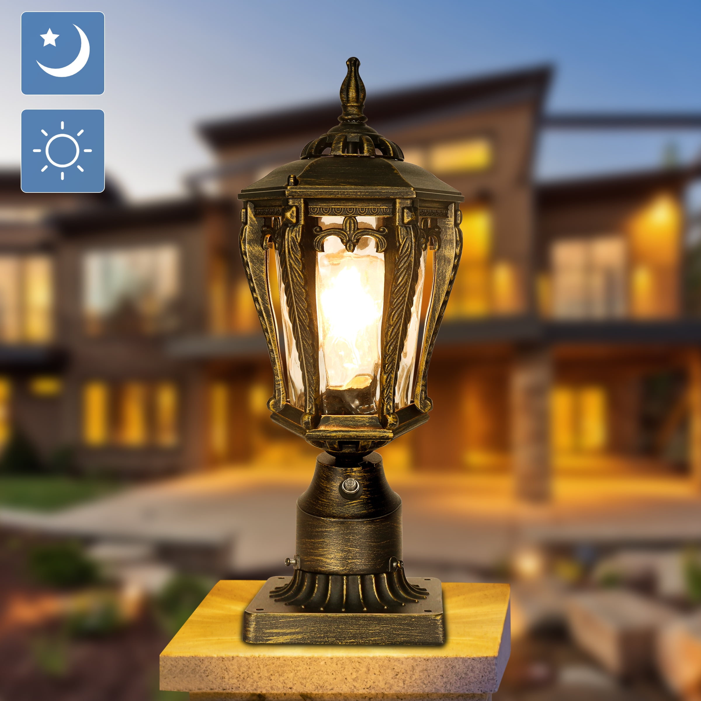 Dusk to Dawn Outdoor Post Light with Pier Mount Base, Black Gold