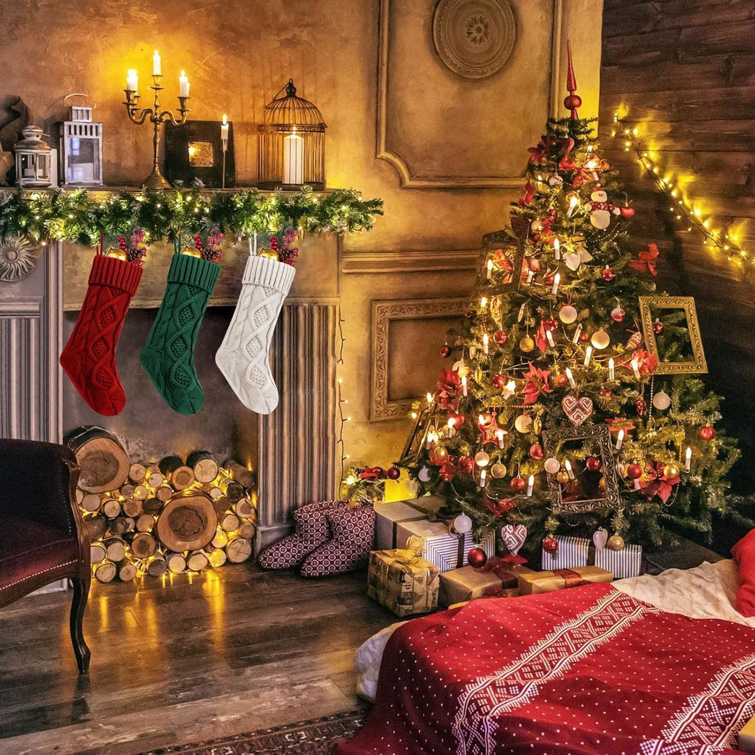 Christmas Stocking Sets 18 Inches Large Size Cable Knitted Stocking Gifts & Decorations for Family Holiday Xmas Party