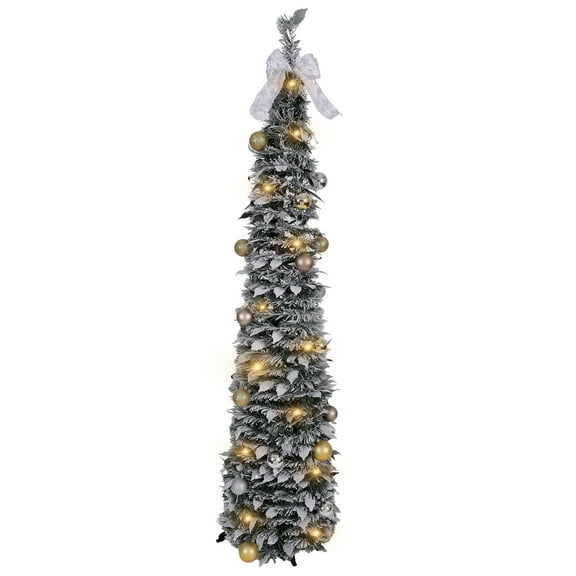 5FT Pop Up Christmas Tinsel Tree with 50 LED Lights and Sequins Ornaments, Easy-Assemble and Store for Xmas Home Holiday Fireplace Party Decorations