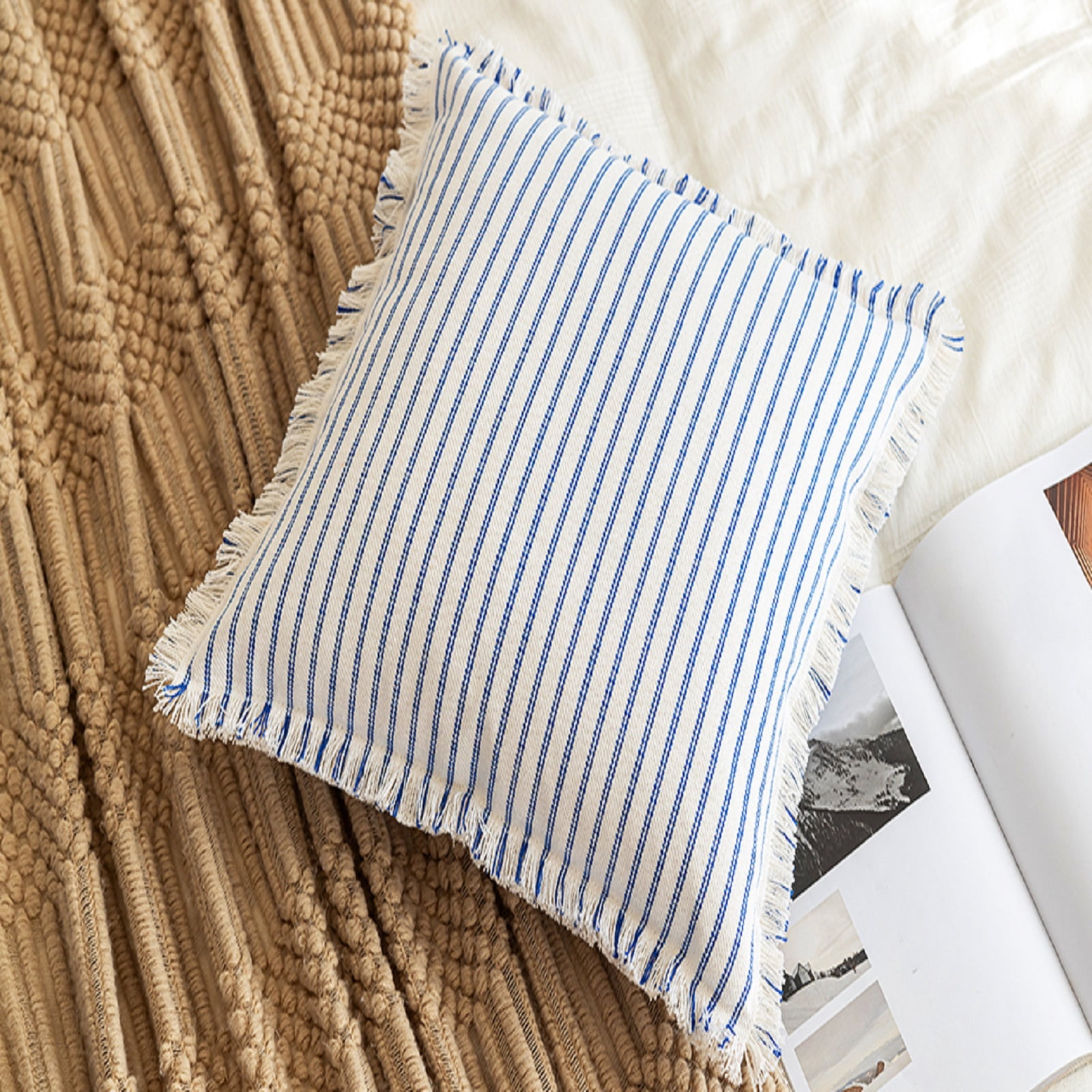 Skodaer 2 Pack Boho Decorative Throw Pillow Covers with Fring Tassel Chic Striped Pillow Case,20"x20",Blue