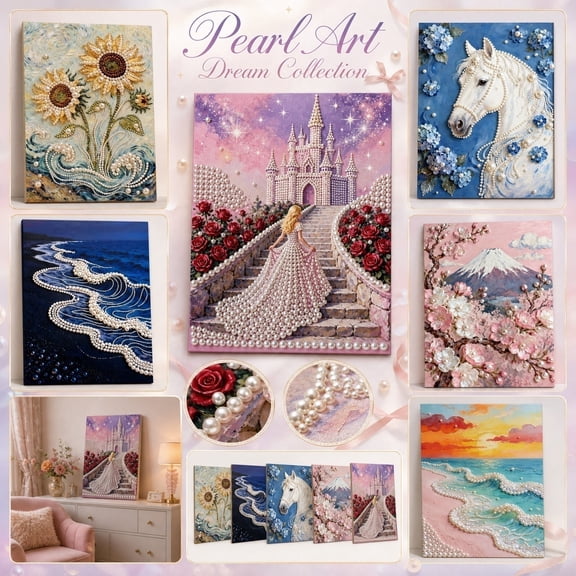 Pearl Art Kit, DIY Canvas Painting Set with 3D Pearl & Rhinestone Embellishments, Sunflower, Castle, Ocean, Cherry Blossom & Horse Designs, All-Inclusive Craft Kit for Adults & Beginners (F)