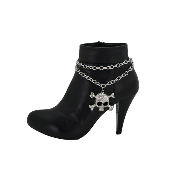 Women Silver Metal Chain Boot Bracelet Shoe Skeleton Skull Charm
