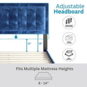Boyd Sleep Pisa Blue Velvet Full Size Fully Upholstered Platform Bed Frame with Adjustable Headboard