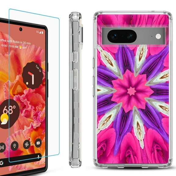 Shockproof Bumper Phone Case for Google Pixel 7, with Tempered Glass Screen Protector, by OneToughShield ® - Kaleidoscope Rose