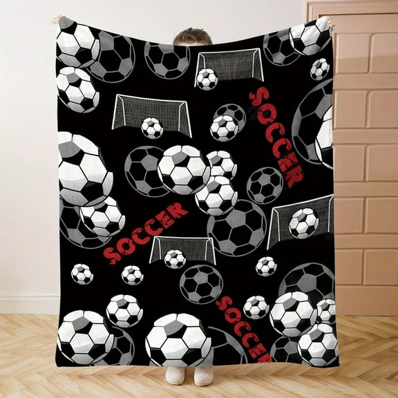 Soccer Theme Flannel Throw Blanket - Soft Comfortable Digital Print All Seasons Football & Goal Net Pattern for Bed, Sofa, Office, Camping - Polyester Knit Mid Century Style Blanket