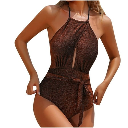 Virmaxy Women s Solid Color One-piece Tankini Swimsuit Without Steel Sexy Backless Strappy Camisole Swimsuit Waist Cinching Swimwear With Bra Padded for Pool Party Vacation Gold S