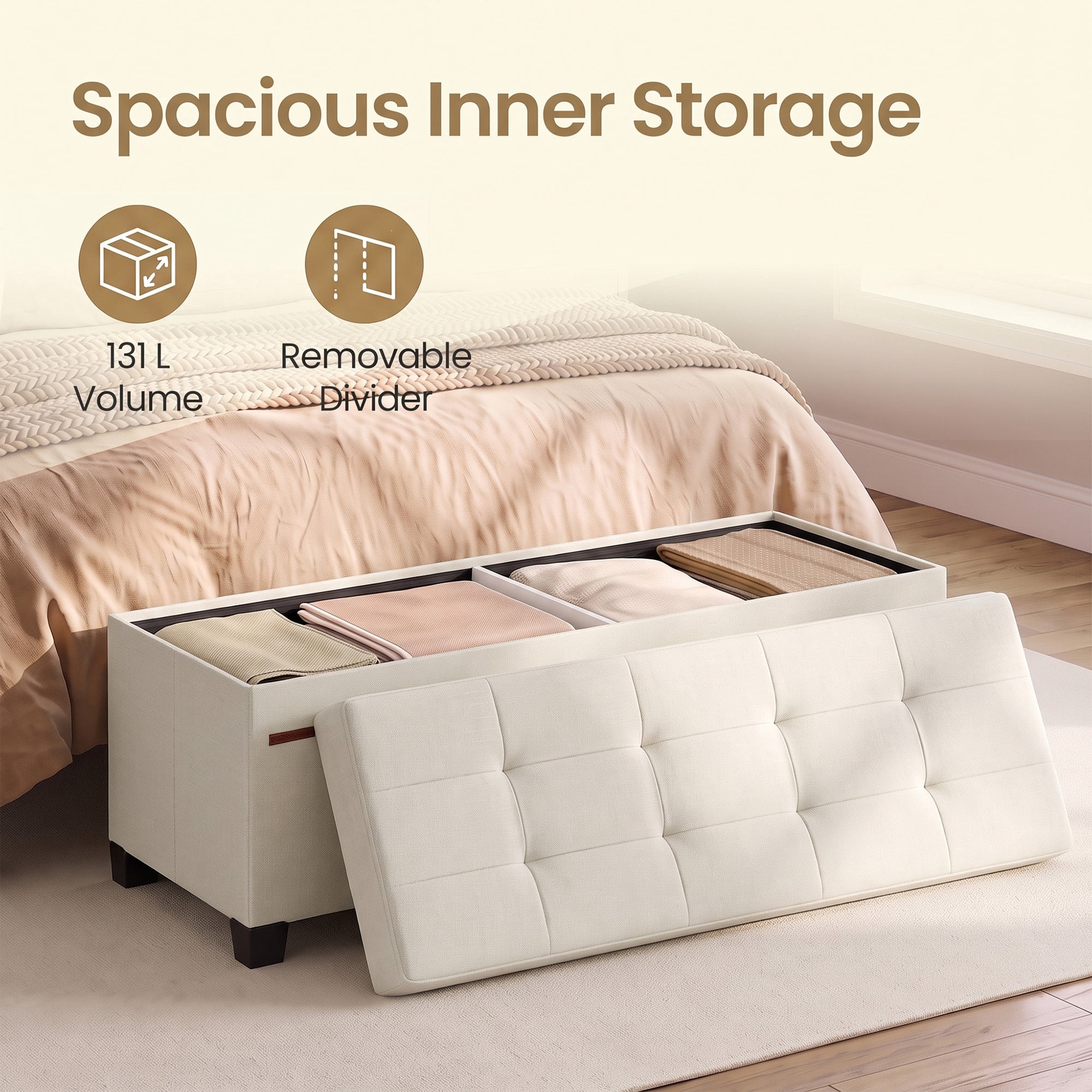 Ledrem Luxury Folding Storage Ottoman Bench with Footrest, Cream White, 43" Large