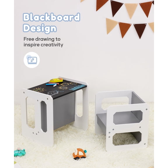 VigorPro 3-in-1 Wooden Toddler Table and Chairs Set with Blackboard, Water-Resistant, Learning Activity for Kids(Gray and Black)