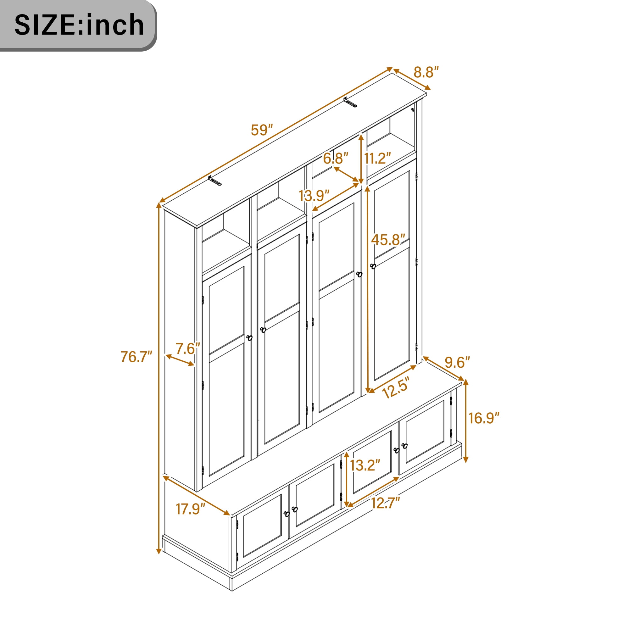 76.7''H Modern Entryway Hall Tree with Storage Bench, Accent Wardrobe Organizer with Cubbies and Hidden Hooks for Hallway