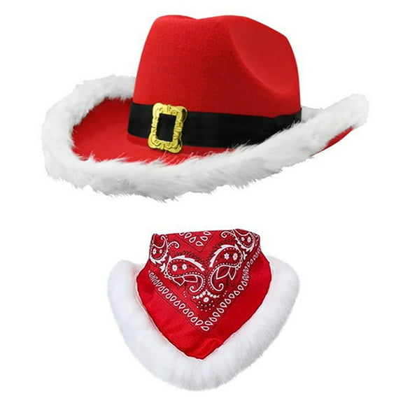 Rdhnmea Christmas Cowboy Hat and Scarf Sequined Santa Wide Brim Hat Set for Adults Wedding Carnival Rave Party Costume Accessories