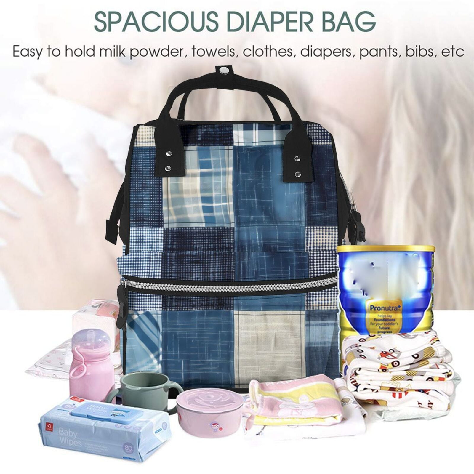 Ratiio Indigo Patchwork Quilt Mummy Backpack - Waterproof Twill Canvas, Large Capacity Diaper Bag with Multiple Pockets and Adjustable Straps