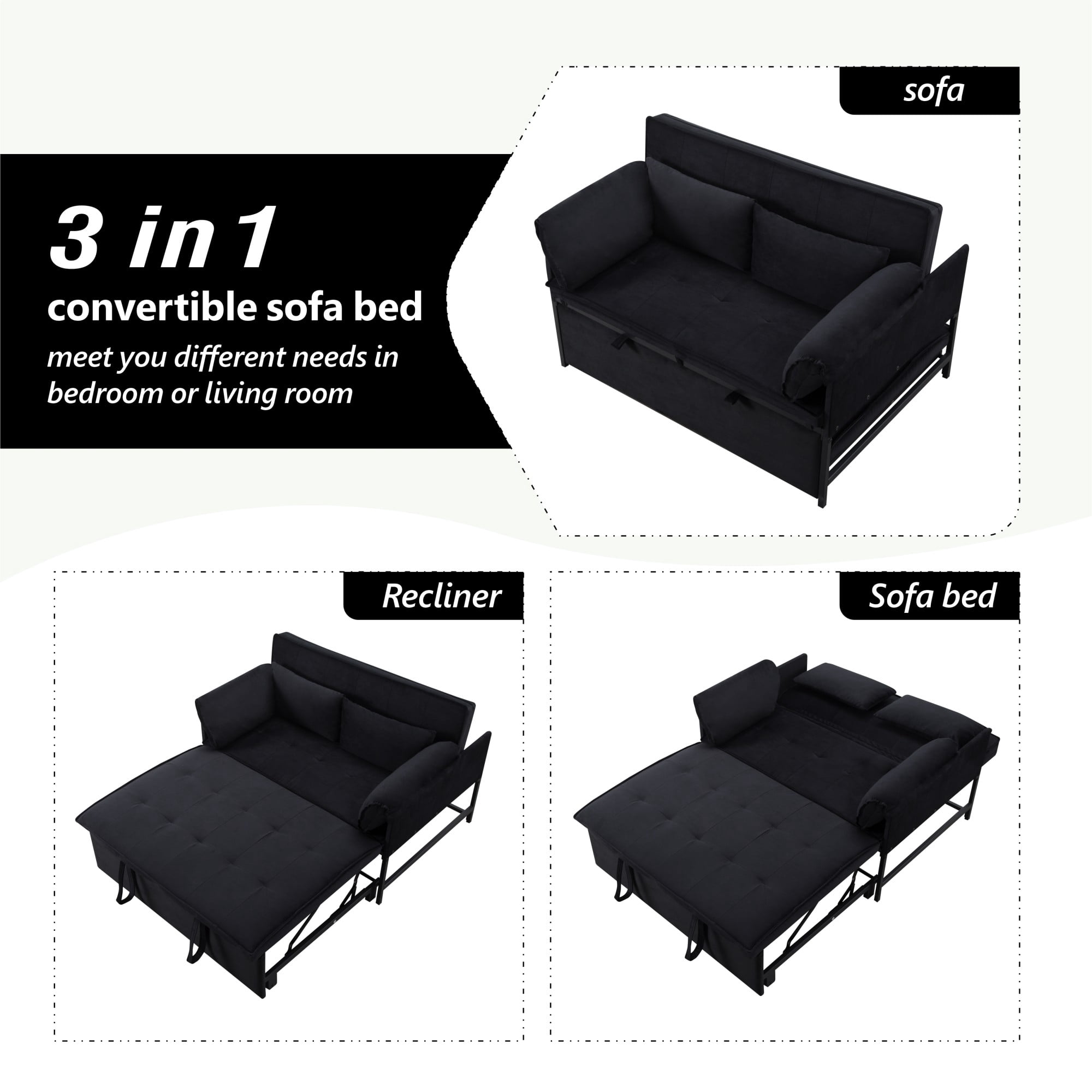 DEALTOPS 46" Velvet Pull-Out Sleeper Sofa Bed, 2-in-1 Convertible Loveseat with 5-Level Reclining Backrest, Black