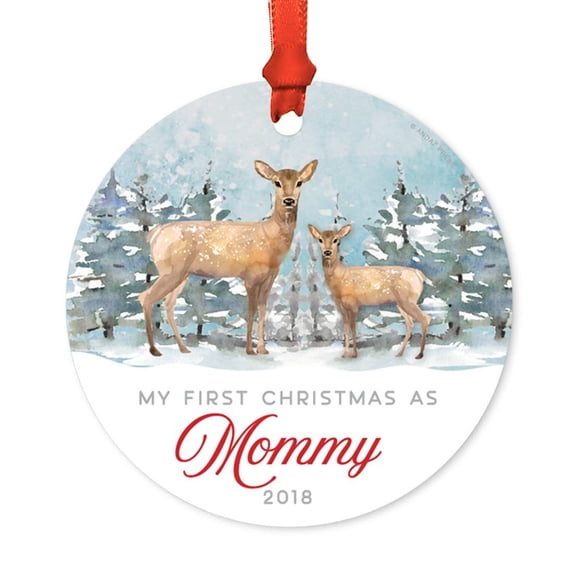 Koyal Wholesale Family Metal Christmas Ornament, My First Christmas As Mommy 20xx, Watercolor Rustic Deer, 1-Pack