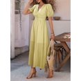 thumbnail image 6 of Women Summer Casual Midi Dress Puff Sleeve V Neck Ruched Button Front Split Boho Beach Vacation Wedding Dresses 2025 Yellow M, 6 of 9