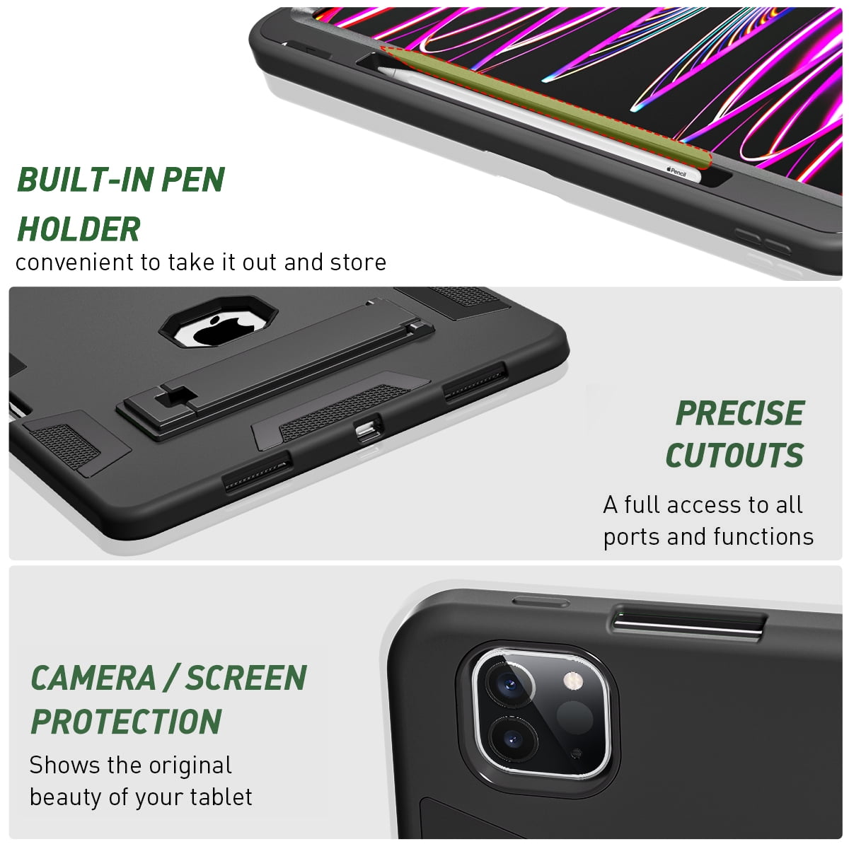 For iPad Pro 12.9 Inch 6th Generation(2022) Case Rugged Kickstand Pencil Storage Heavy Duty Protective Cover (Black)