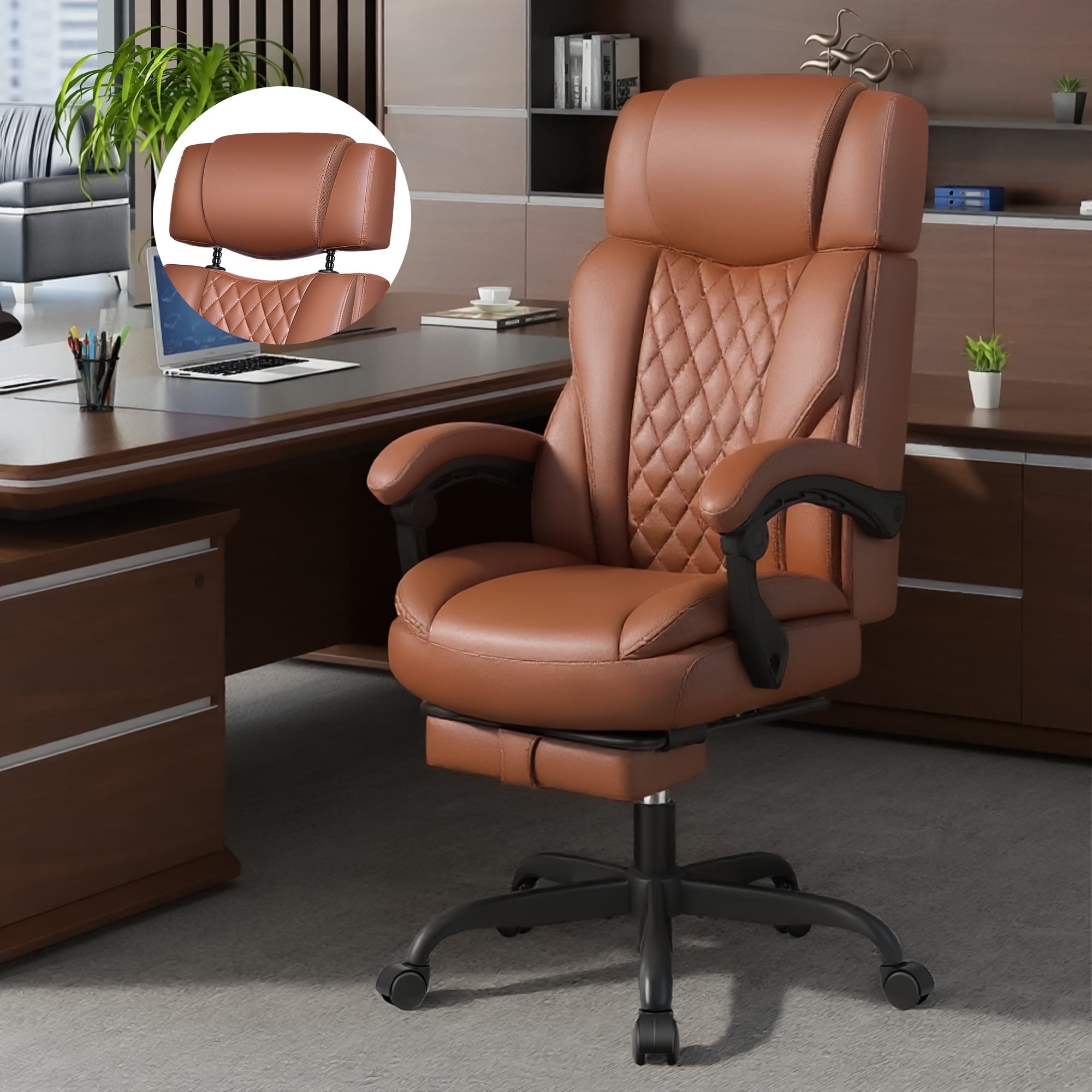 FASTES Big and Tall Ergonomic Office Chair with Footrest - Leather Computer Desk Chair, Reclining High Back Ergonomic Chair with Adjustable Headrest & Lumbar Support, Brown
