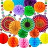 19pcs Fiesta Party Decorations, Colorful Paper Fans, Tissue Paper Pom Poms, Honeycomb Balls and Circle Dot Garland for Birthday Party, Wedding Decorations, Fiesta or Mexican Party