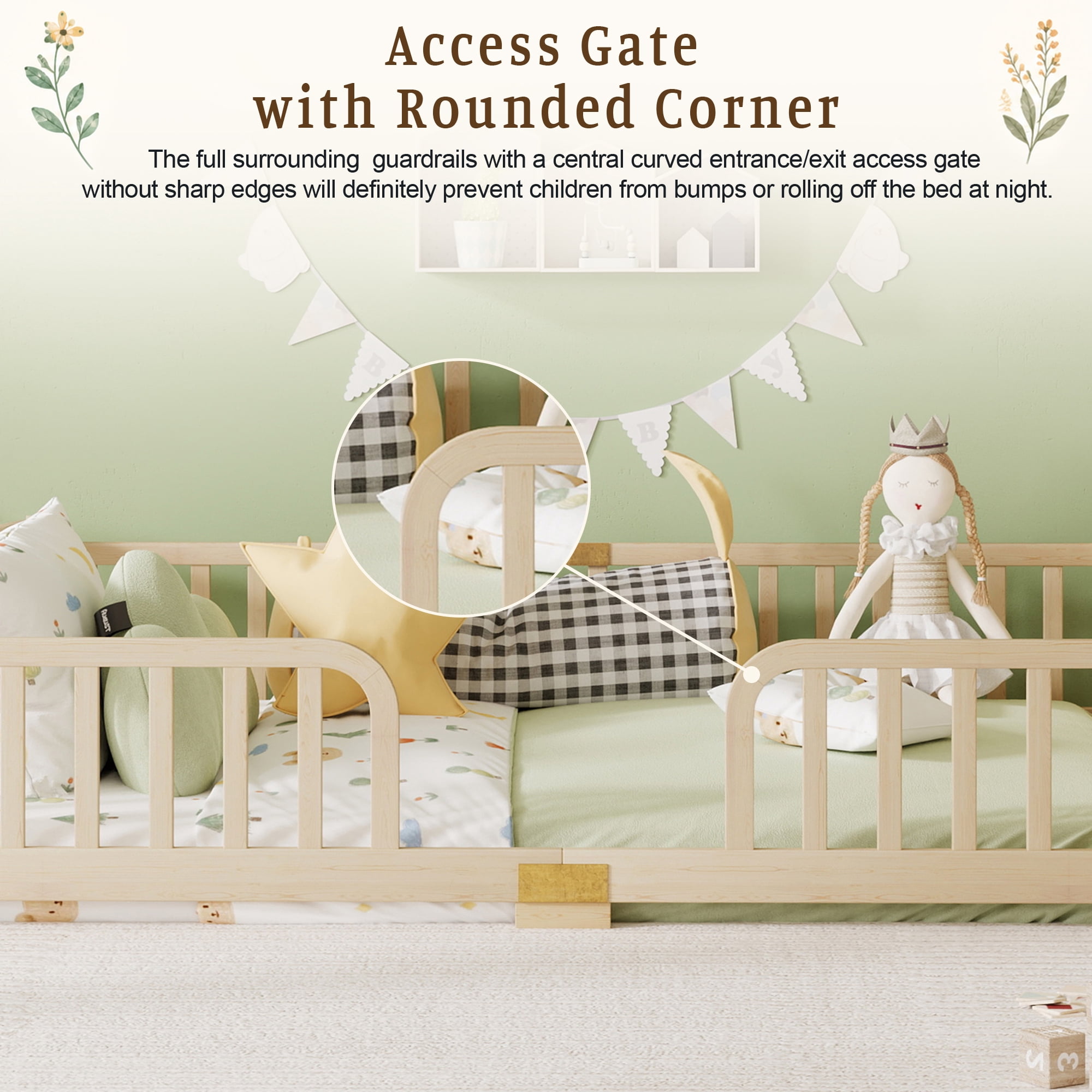 Leumius Queen Size Floor Fence Bed with Central Entrance,Pine Wood Floor bed with Guardrails,Natural
