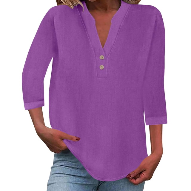 Women Fashion V Neck Seven Point Sleeve Button Casual Comfortable Top, Including Wash Tips and Sizes